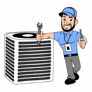 Cartoon HVAC technician holding tools next to outdoor air conditioning unit